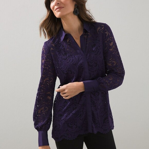 Chico's Stretch Lace Shirt Midnight Violet, Sz 2 (12-14), NWT - Picture 1 of 13
